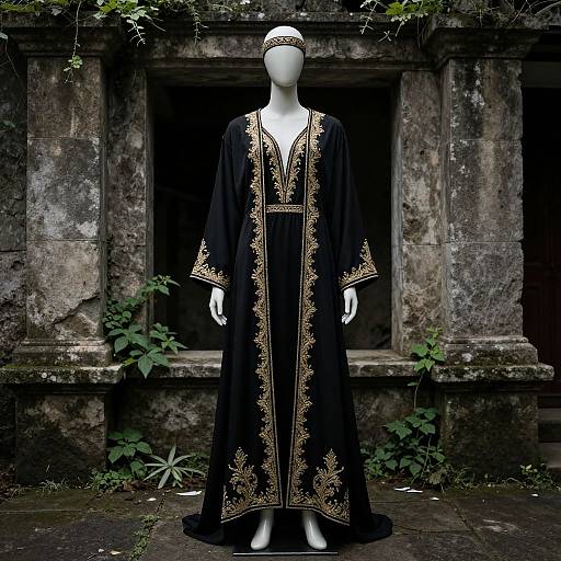 Photograph of a white mannequin in a black, ornately embroidered robe, standing in front of a weathered, moss-covered stone window.