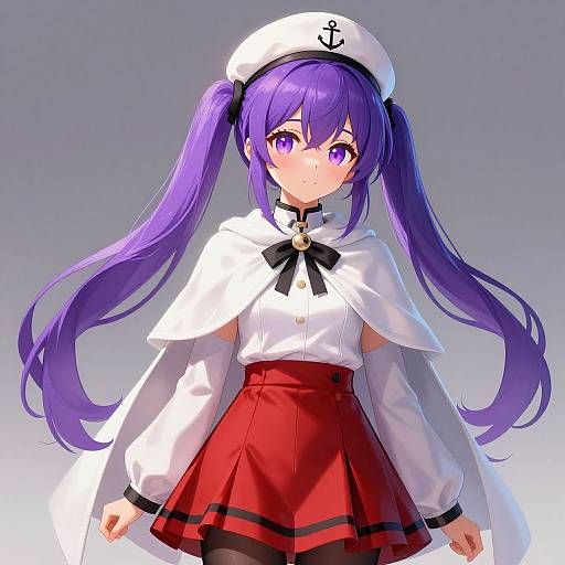 Anime-style digital drawing of a purple-haired girl with twin tails, wearing a white sailor hat, white cape, red skirt, and black ribbon, standing