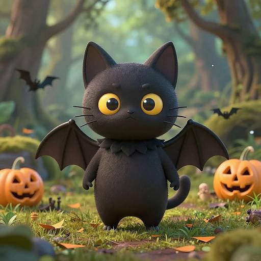 Hyper-Realistic Cute Bat-Cat in Lush Forest