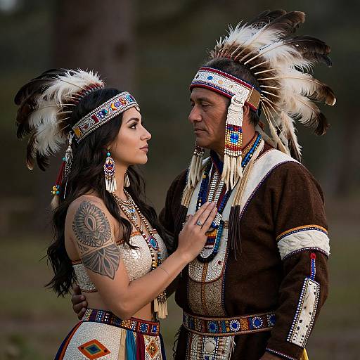 Photograph of a Native American couple in traditional regalia, adorned with intricate beadwork, feathered headdresses, and colorful patterns, standing outdoors in