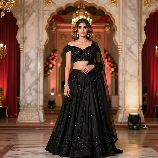Photograph of a young woman in a black, sparkly off-shoulder crop top and long skirt, standing in an opulent, marble and