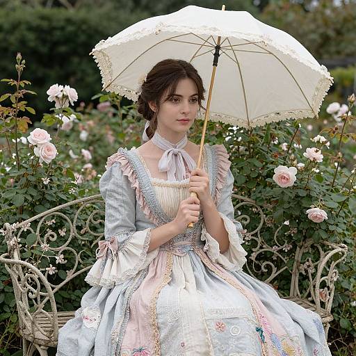 Photograph of a fair-skinned young woman with dark brown hair in a blue and pink Victorian dress, holding a white lace parasol, seated on
