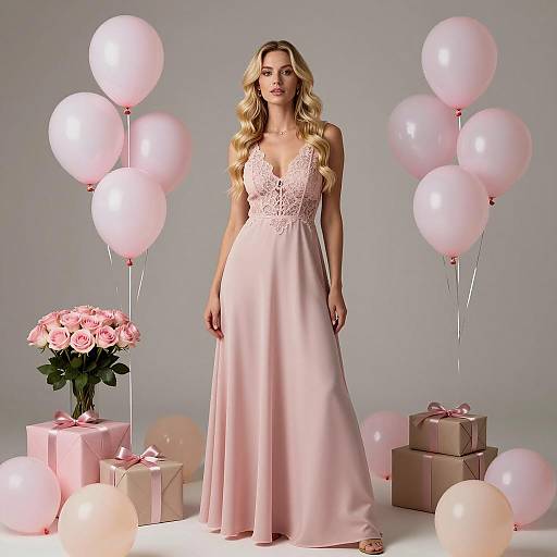 Woman in Pink Dress with Balloons and Gifts