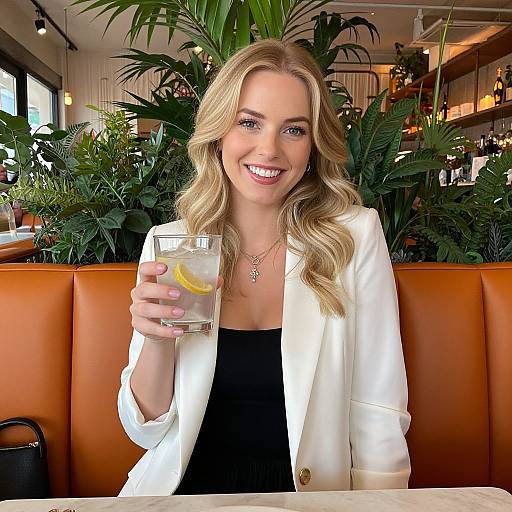 Photograph of a smiling blonde woman with wavy hair, wearing a white blazer and black top, holding a glass with lemon water, seated in