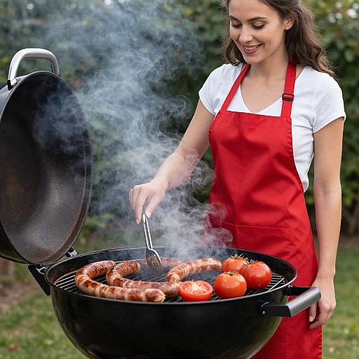 Smiling Woman Grilling Sausages Outdoors