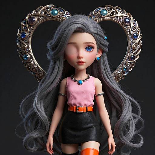 Photorealistic CGI doll with long silver hair, blue eyes, pink top, black skirt, orange belt, blue jewelry, and ornate heart-shaped