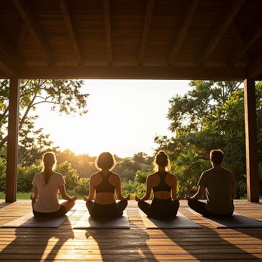 Photograph of four silhouetted people, two women and two men, meditating in yoga poses on a wooden deck at sunset, surrounded by