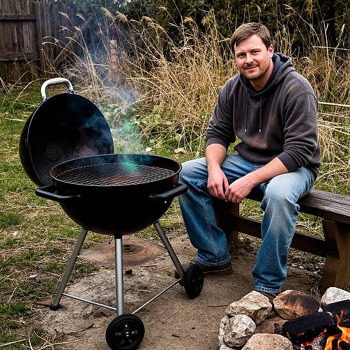 Vintage Grill with Man in Rural Backyard