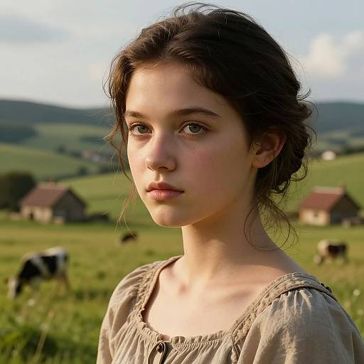 Photograph of a young, fair-skinned woman with dark, wavy hair in a rustic field, wearing a beige, loose-fitting blouse,