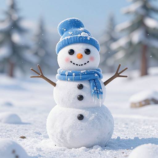 Photograph of a cheerful snowman with a blue hat and scarf, black buttons, and stick arms, standing in a snowy forest.