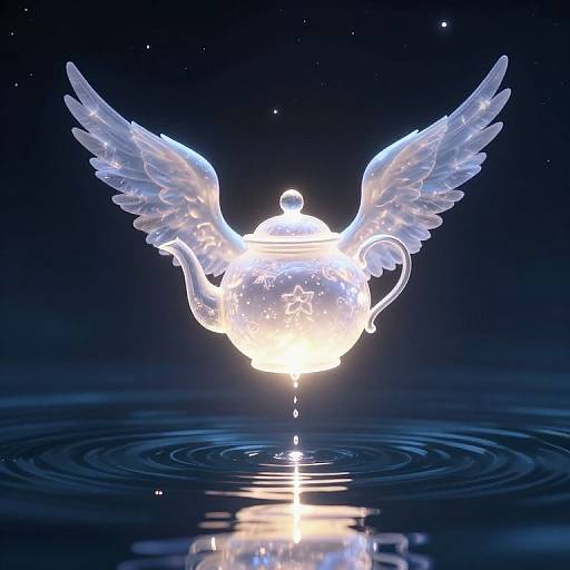 Luminous Winged Teapot Over Waters