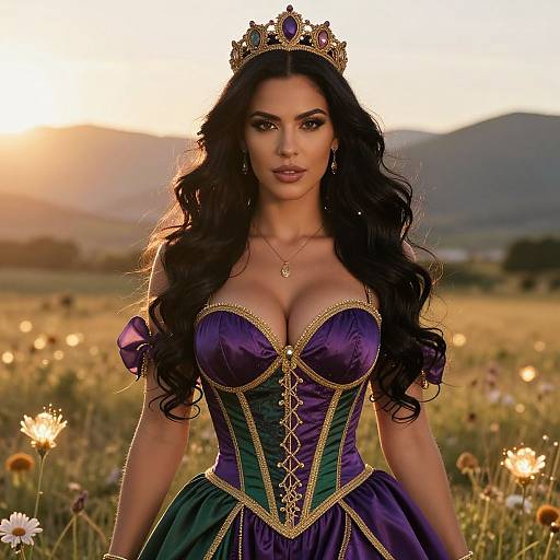 Photograph of a beautiful woman with long black hair, wearing a purple and green corset dress, gold crown, and necklace, standing in a sun