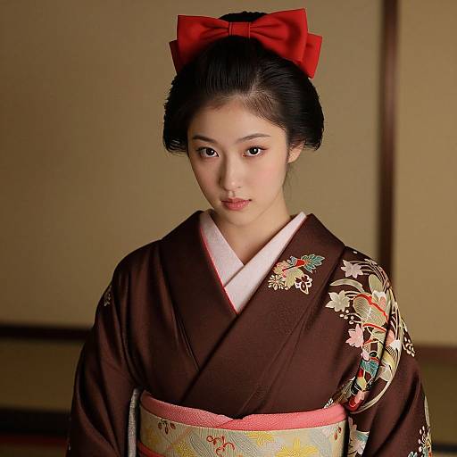 Photograph of a young Asian woman with fair skin, black hair in an updo, wearing a red bow, brown floral kimono, and yellow