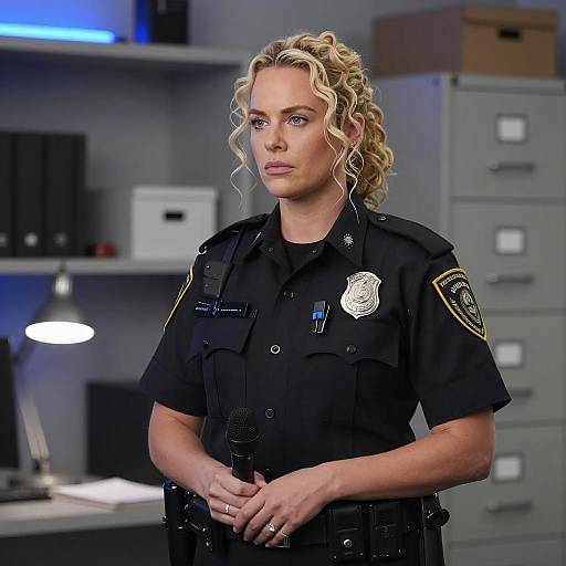 Serious Blonde Officer in Black Uniform