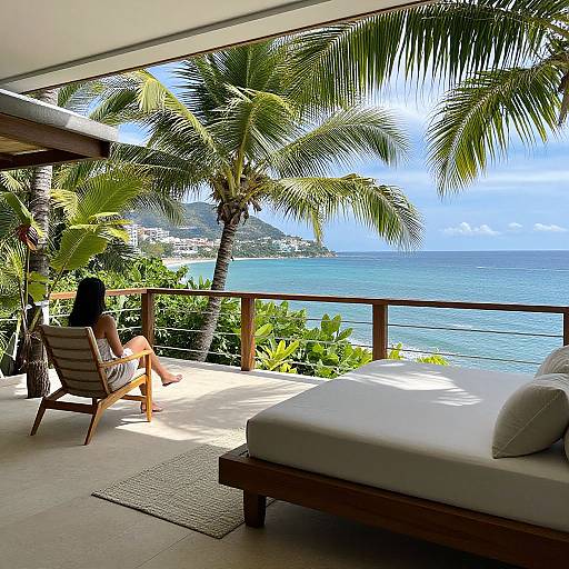 Photograph of a woman with black hair sitting on a wooden chair, overlooking a tropical ocean view with palm trees, on a covered balcony with a white