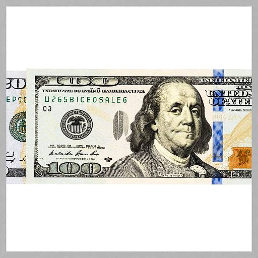 Photograph of a detailed, black-and-white U.S. $100 bill featuring Benjamin Franklin, with blue and orange highlights, slightly overlapped.