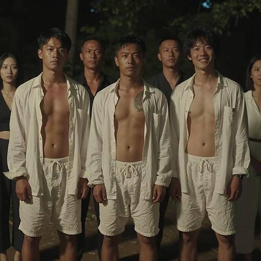 Five Men in Nighttime Forest Setting