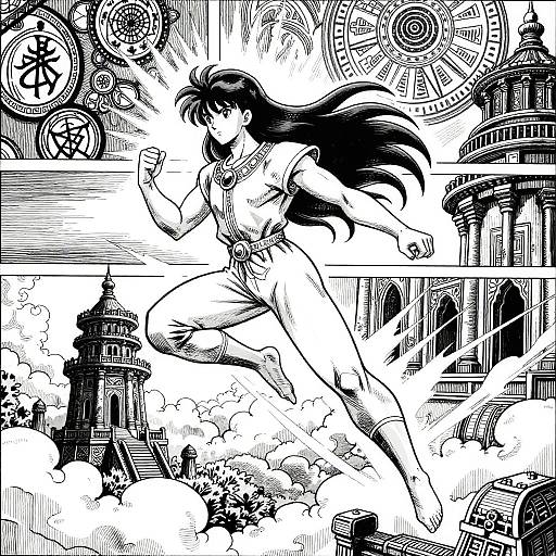 Black-and-white manga-style drawing of a determined, long-haired woman in a tight outfit, running through a cityscape with clock towers and smoke, surrounded