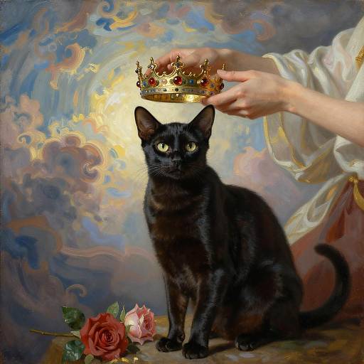 Regal Black Cat with Crown and Roses