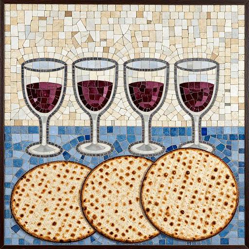 Passover Mosaic Art with Wine and Matzos