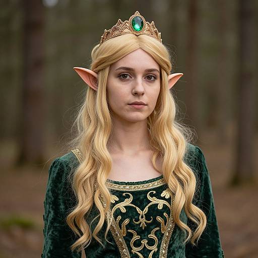 Photograph-style CGI of a young, pale-skinned elf woman with long, wavy blonde hair, green gemstone crown, pointed ears, and
