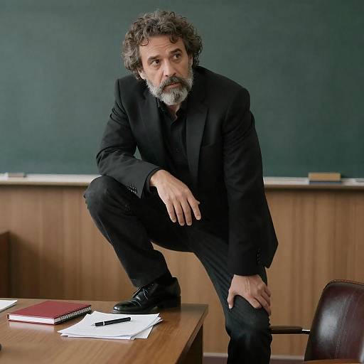 Middle-aged man crouching on desk in classroom