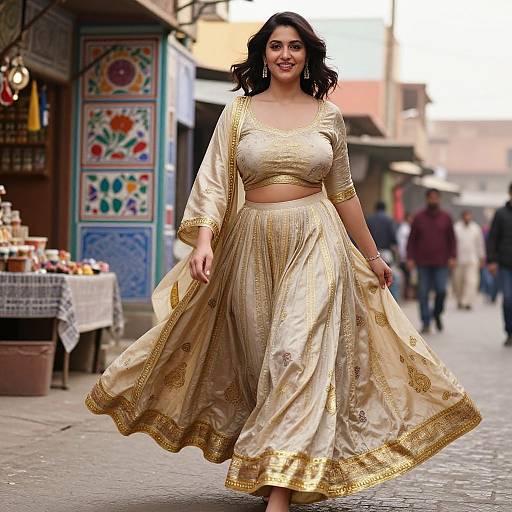 Photograph of a smiling South Asian woman with dark hair in a gold and cream traditional lehenga set, walking down a bustling, colorful street market.