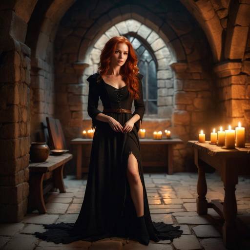 Red-haired woman in medieval black dress in stone room