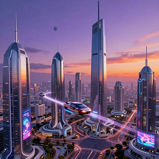Photorealistic CGI of a futuristic cityscape at sunset with neon-lit skyscrapers, glowing advertisements, light trails from traffic, and a visible