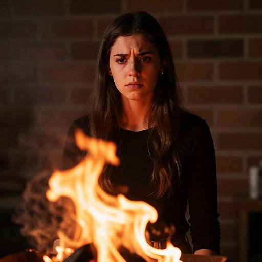 Tense Young Woman Against Fiery Background