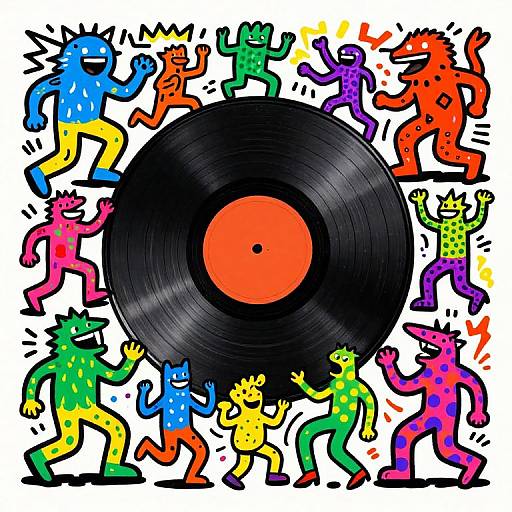 Vibrant, colorful cartoon monsters dancing around a black vinyl record with a red center, surrounded by bold, playful outlines.