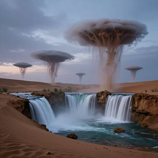 Photograph of surreal landscape with towering mushroom-shaped clouds above a cascading waterfall in a red desert, under a cloudy blue sky.