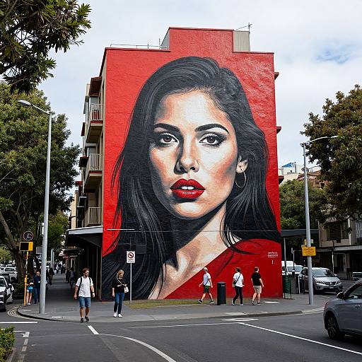 Photograph of a street featuring a large, vibrant red mural of a woman with black hair and red lips on a building. Pedestrians walk by