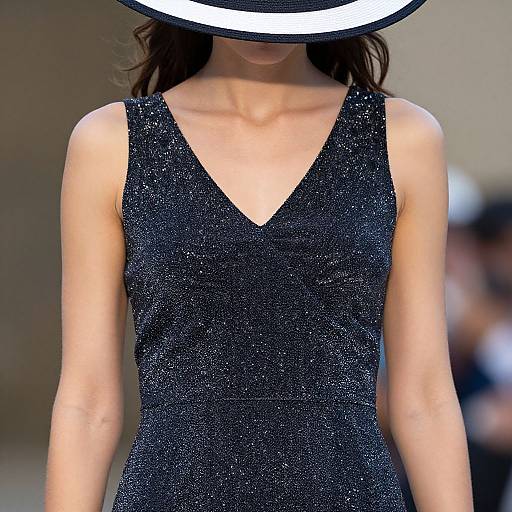 Photograph of a woman in a sparkling black V-neck dress, face obscured by a white circular light, on a fashion runway.