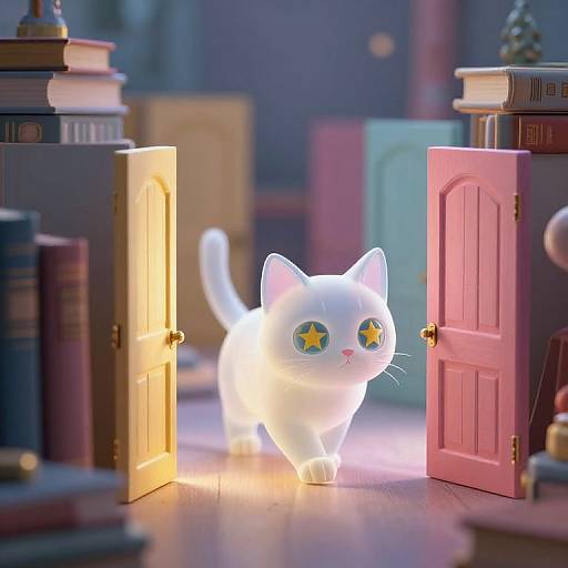 Photograph of a glowing white cartoon cat with starry eyes, walking through open pink and yellow bookshelves, illuminated from behind.