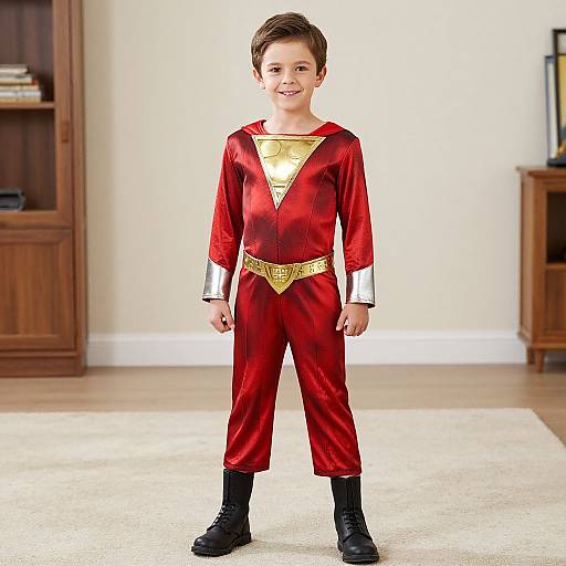 Photograph of a smiling young boy in a red superhero costume with gold emblem, white cuffs, black boots, standing in a bright living room with wooden