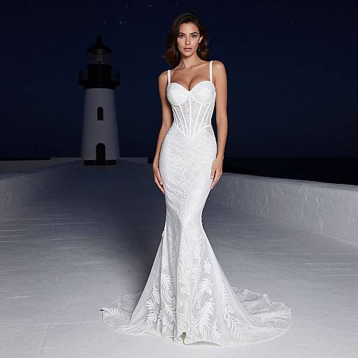 Photograph of a dark-haired woman in a white, lace-embellished, form-fitting wedding gown, standing on a white, illuminated runway