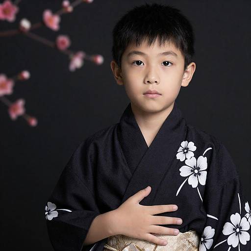 Asian Boy in Traditional Black Kimono