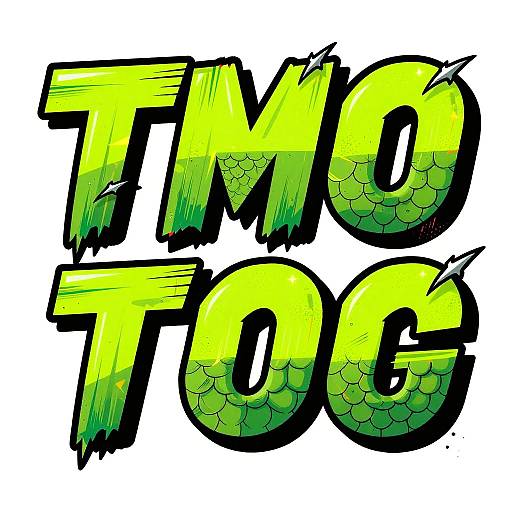 Bold, yellow-green, comic-style text with black outlines and fish scale patterns, reads 