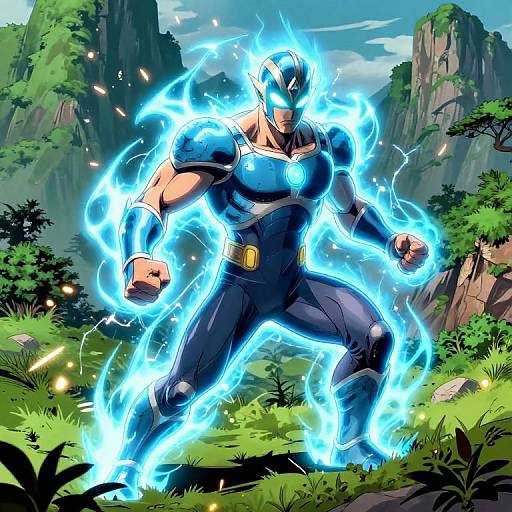 Vegeta Powering Up in Mountainous Landscape