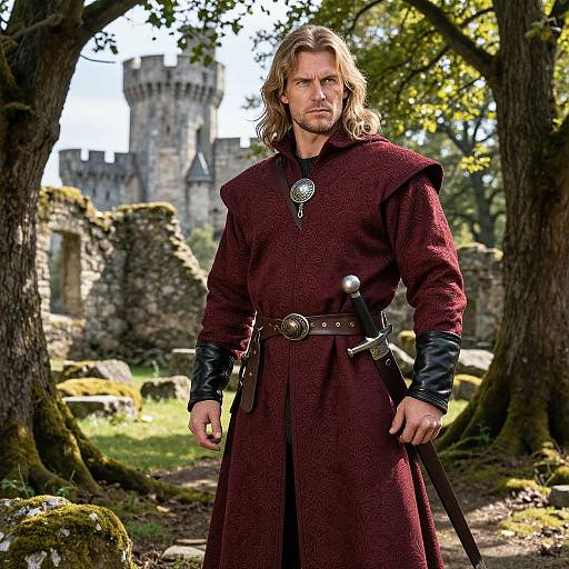 Photograph of a serious, blonde, medieval knight with long hair, wearing a dark red tunic, black leather gloves, and belt, holding a