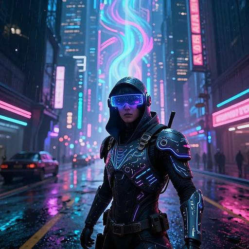 Cyberpunk city street at night, neon lights, rain, futuristic armored woman with glowing blue visor, black armor, futuristic gun, neon lights