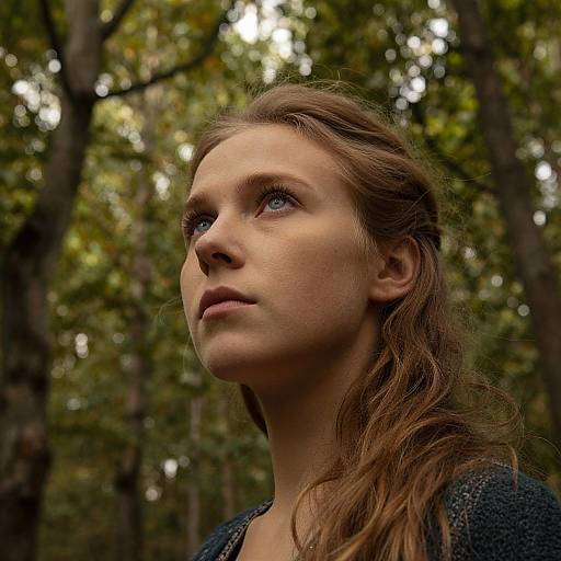 Photograph of a young Caucasian woman with light brown hair and blue eyes, looking upward in a sunlit forest. She wears a dark textured sweater,
