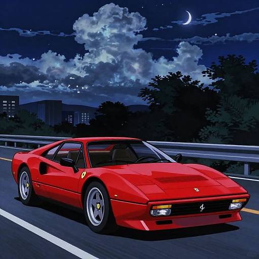 Digital illustration of a bright red Ferrari Testarossa speeding on a highway at night, with a crescent moon and cloudy sky in the background.