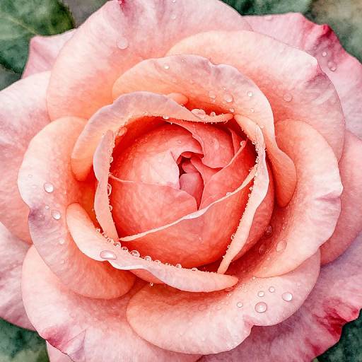 Photograph of a vibrant pink rose with dew drops on its petals, showcasing intricate layers and a soft gradient from pink to white.