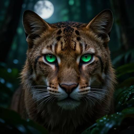 Photorealistic digital artwork of a fierce, brown-eyed leopard with vibrant green eyes, staring intensely into a dark, moonlit forest.