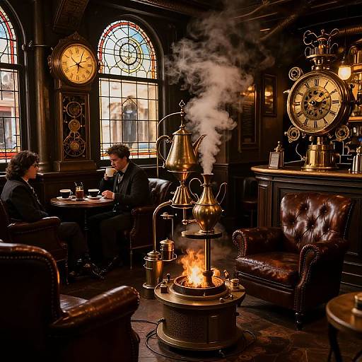 Photograph of two men in dark suits seated in a Victorian-style, dimly lit room with ornate clocks, stained glass windows, and a roaring