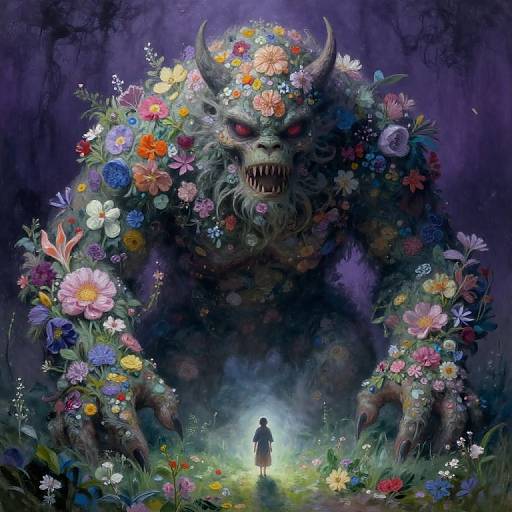 Digital artwork: Giant, flower-covered monster with sharp teeth and horns looms over a small, silhouetted figure in a glowing, dark forest