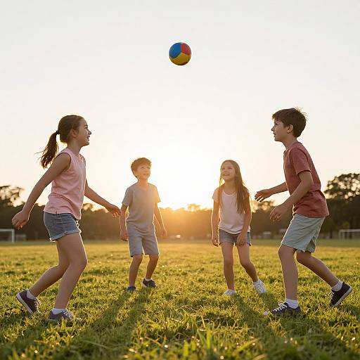 Photograph of four children playing with a colorful ball in a sunlit grassy field at sunset, wearing casual summer clothes.