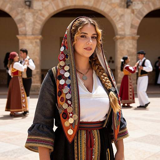 Photograph of a young woman with braided hair, wearing a traditional embroidered black dress with red and gold coins, in front of an arched stone